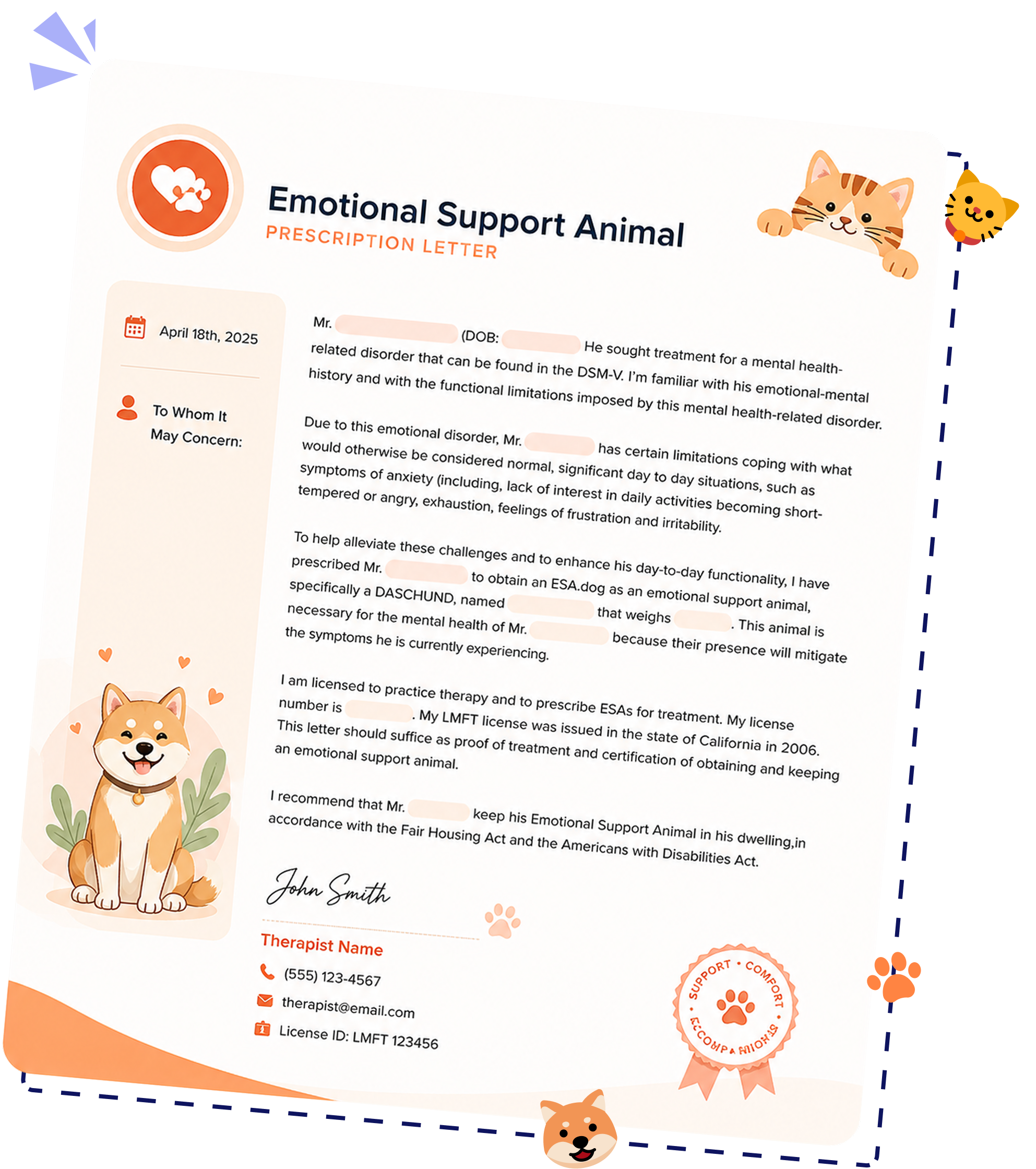 Sleeping cat on an ESA letter, with a friendly dog sitting beside it